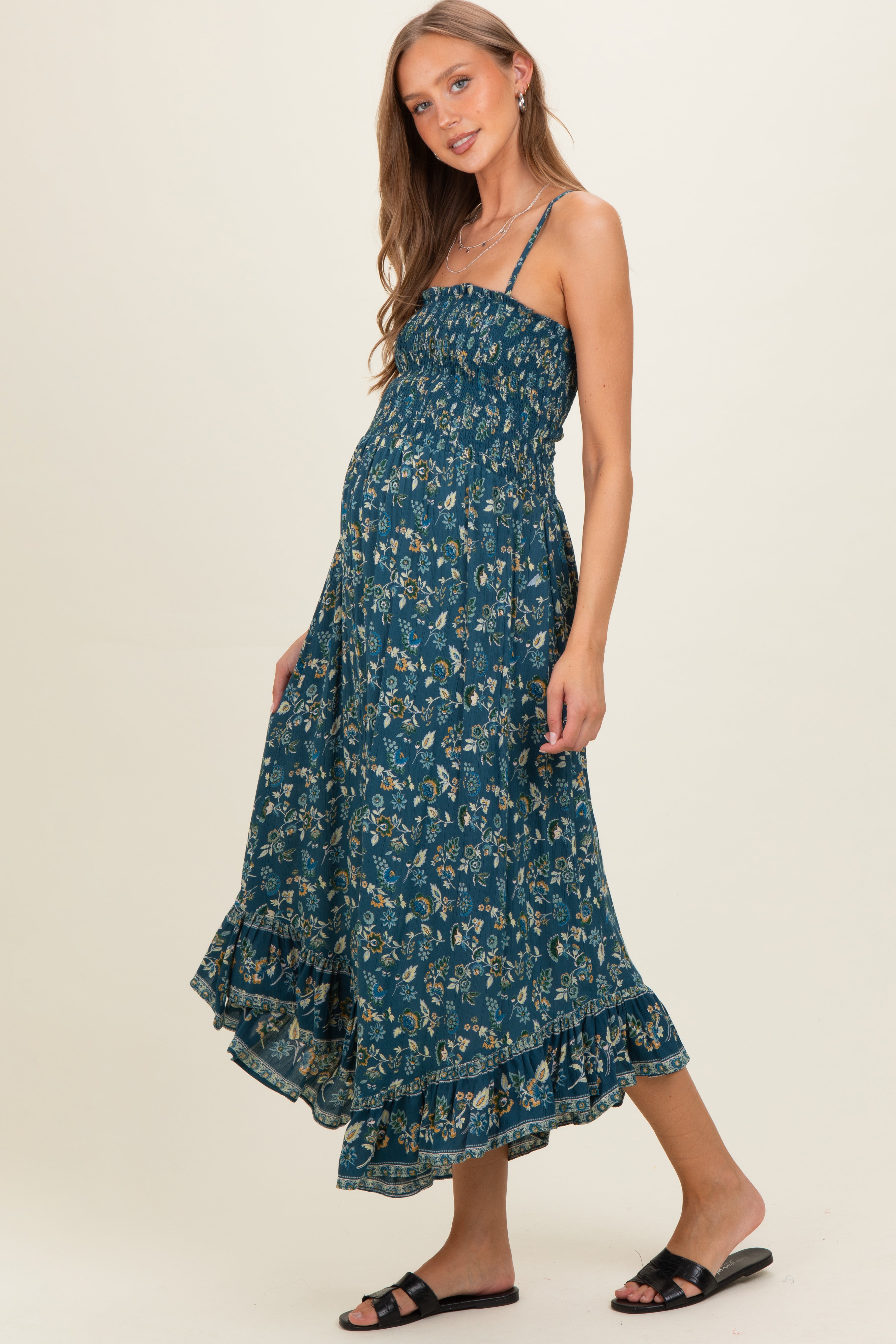 Petrolfarbenes bedrucktes Umstands-Sommerkleid mit Bindekragen
