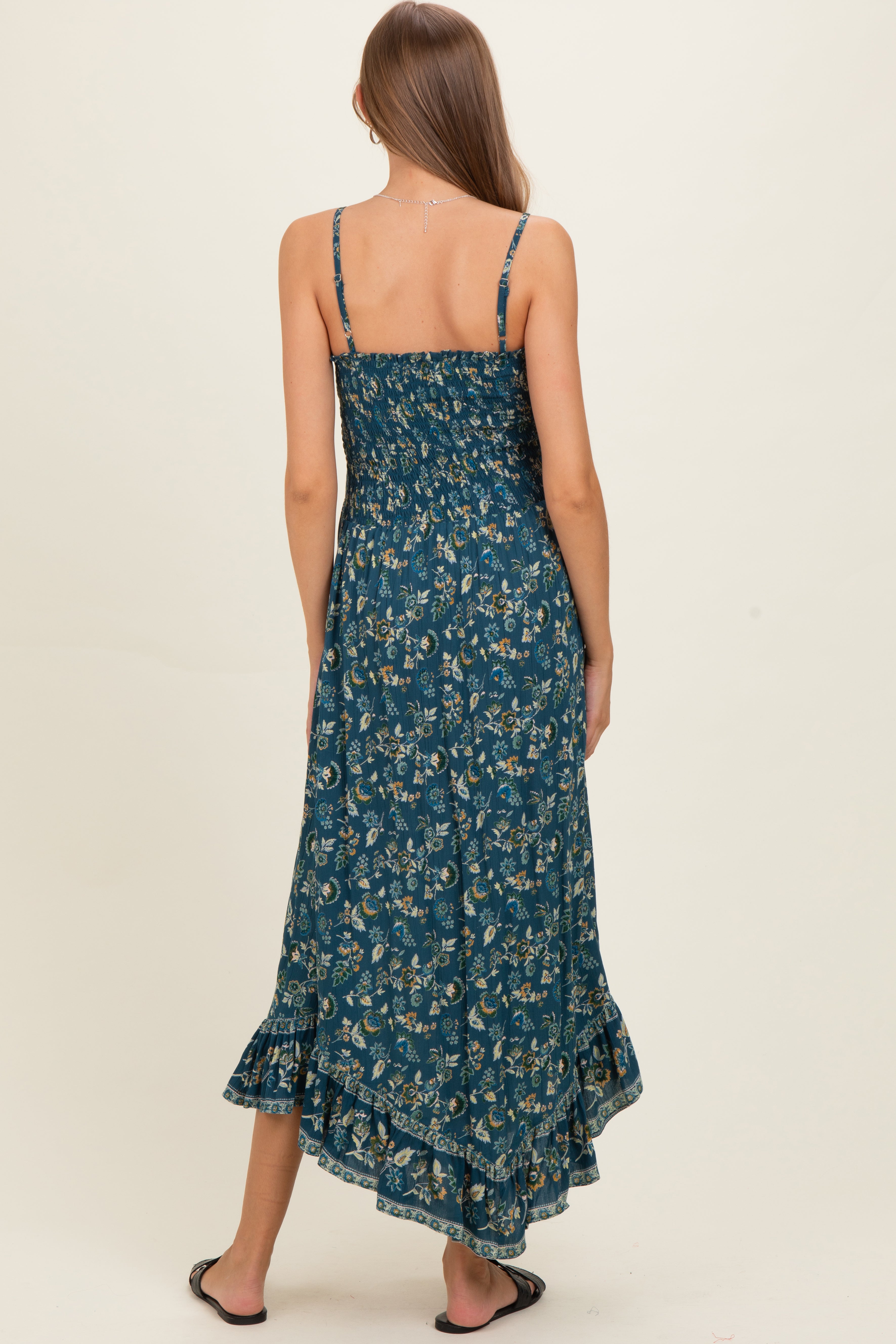 Petrolfarbenes bedrucktes Umstands-Sommerkleid mit Bindekragen
