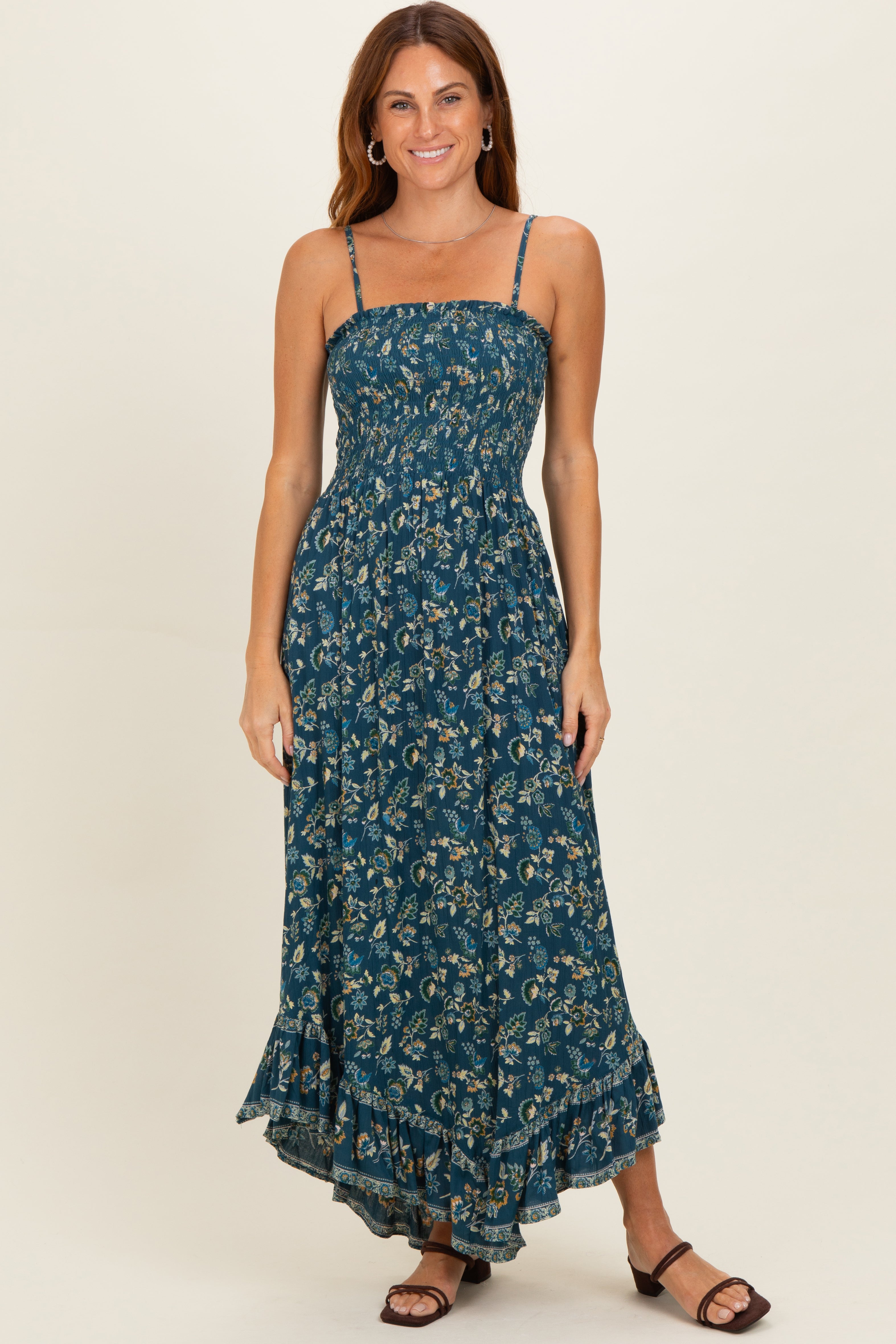 Petrolfarbenes bedrucktes Umstands-Sommerkleid mit Bindekragen