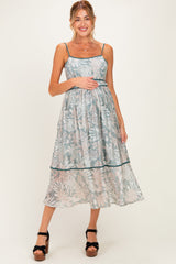 Bedrucktes Umstands-Midikleid mit Cut-out und Rückenbindeband in Dunkelgrün