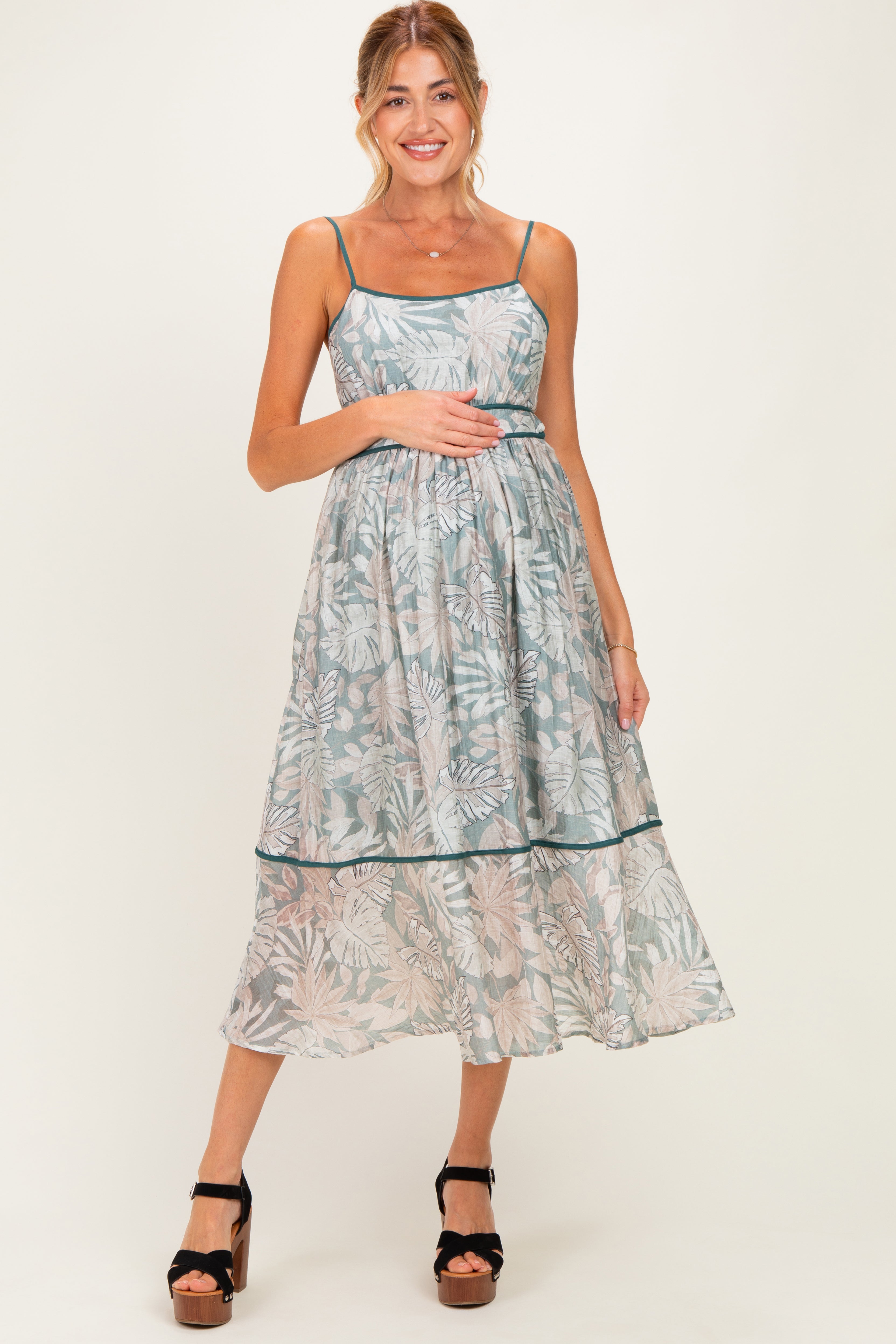 Bedrucktes Umstands-Midikleid mit Cut-out und Rückenbindeband in Dunkelgrün