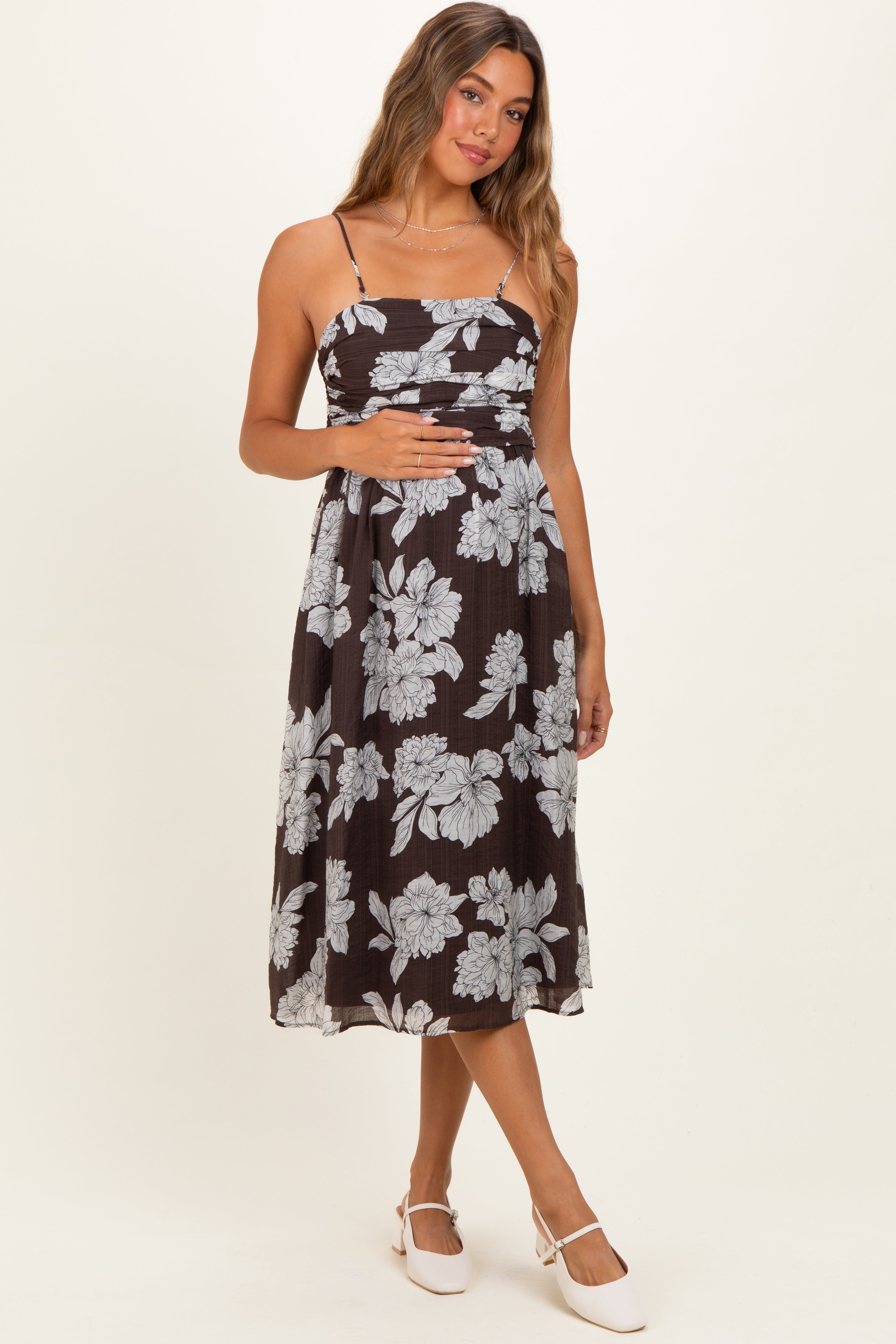 Umstands-Midikleid in Braun mit Blumenmuster und Rückenbindung