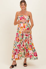Cremefarbenes Umstands-Midikleid mit Blumenmuster und Stufenrock