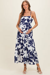 Marineblaues geblümtes Umstands-Midikleid mit Stufenrock