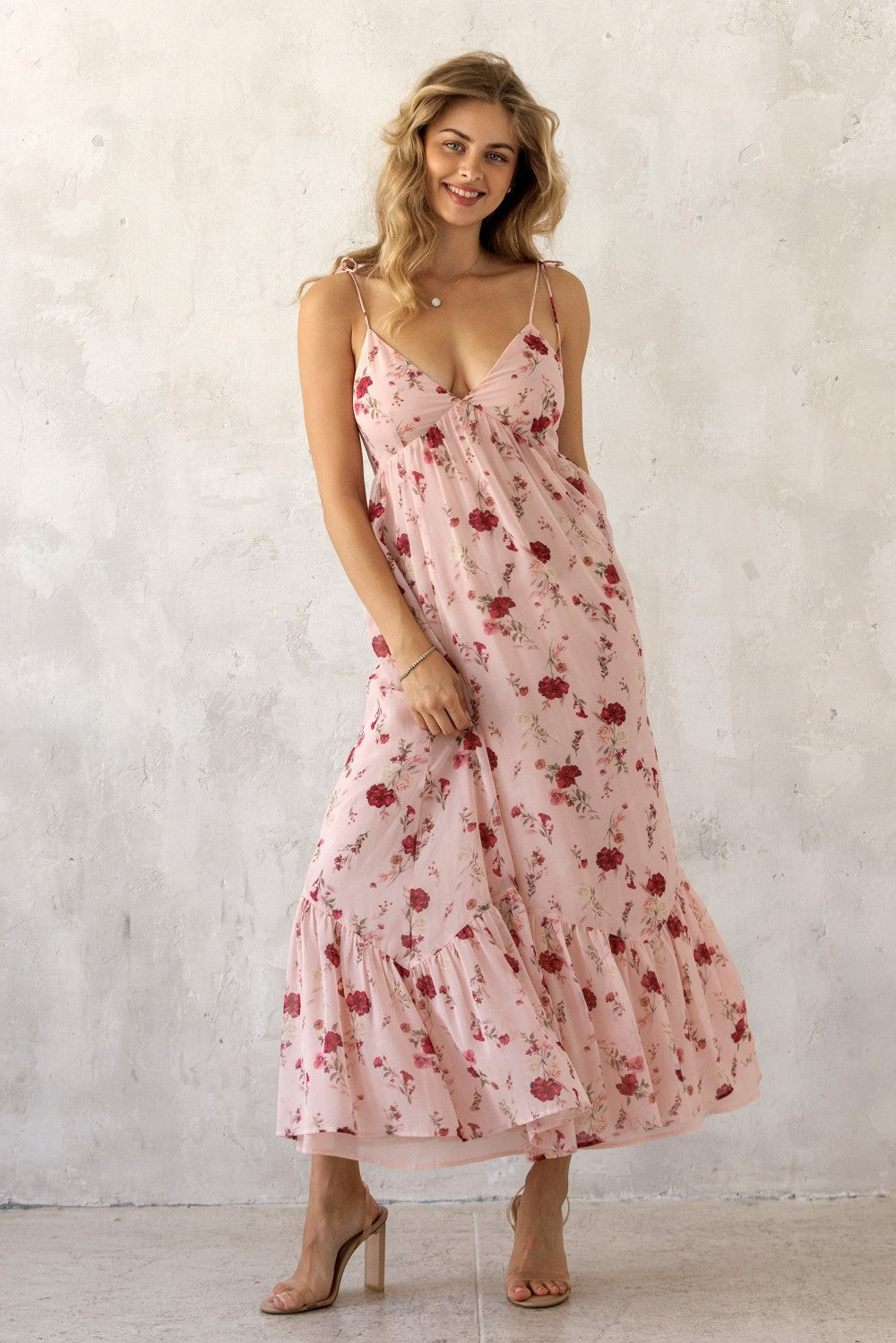 Umstands-Maxikleid mit Blumenmuster, Schulterbindung und Volantsaum