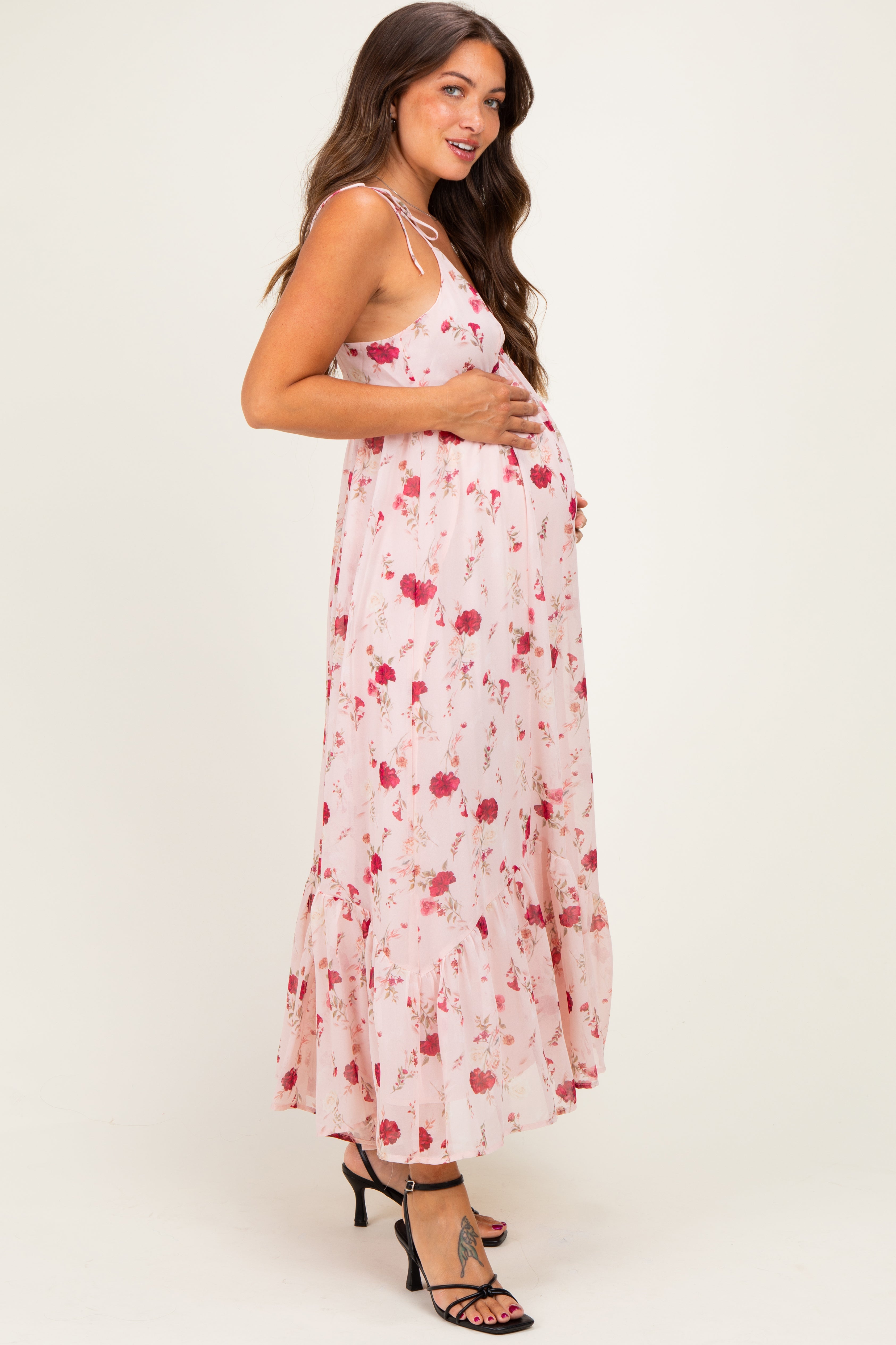 Umstands-Maxikleid mit Blumenmuster, Schulterbindung und Volantsaum