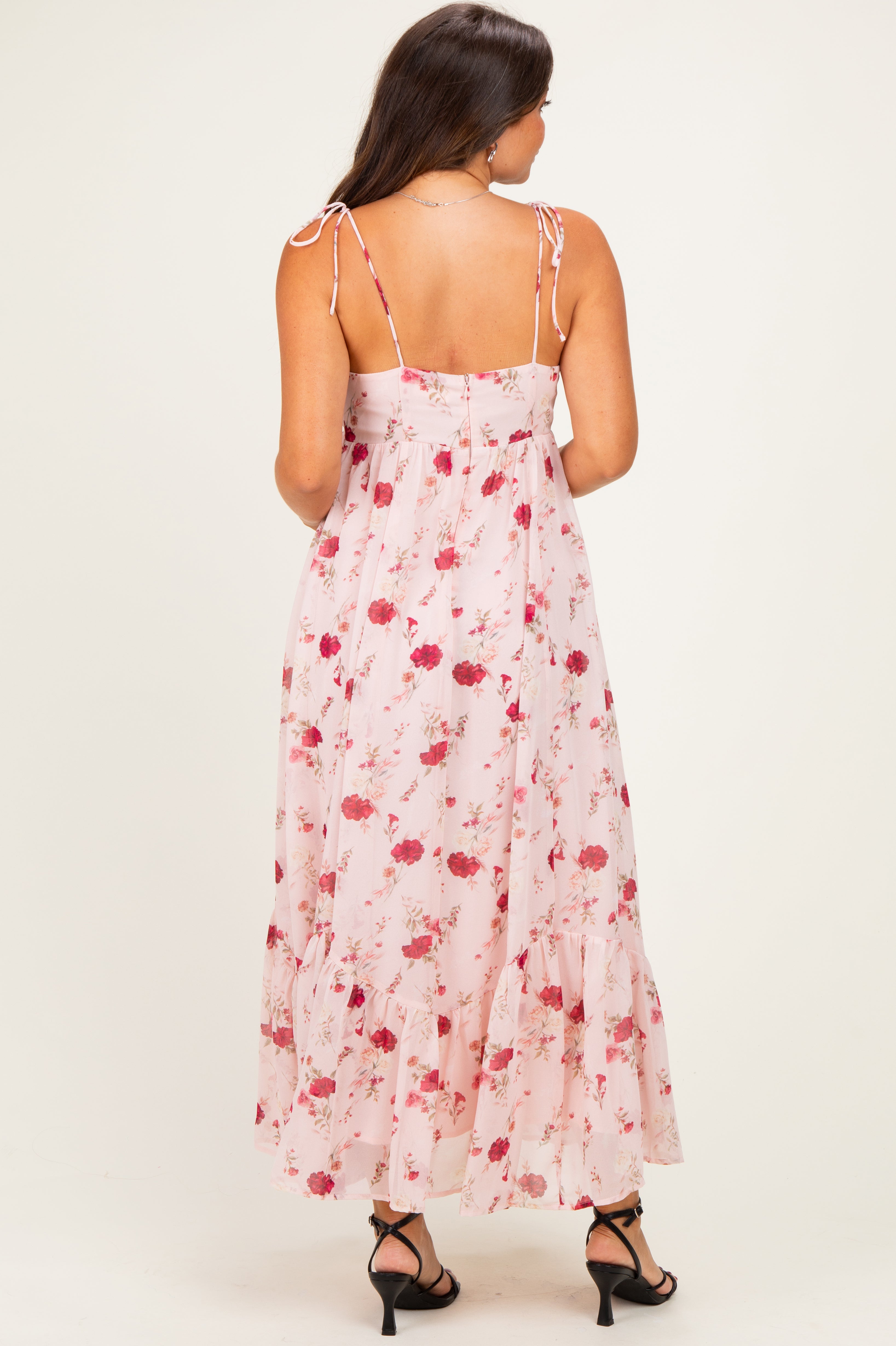 Umstands-Maxikleid mit Blumenmuster, Schulterbindung und Volantsaum