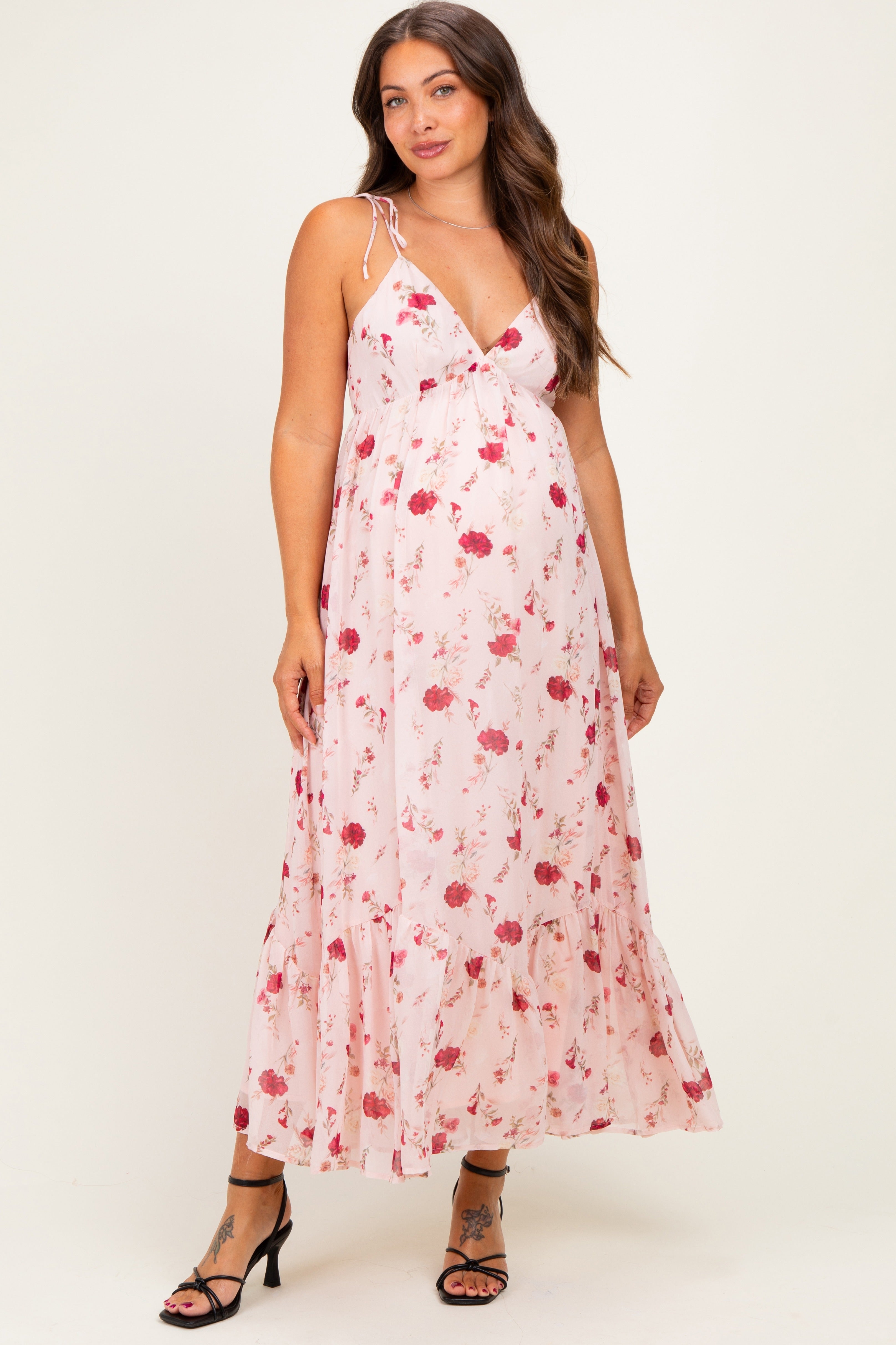 Umstands-Maxikleid mit Blumenmuster, Schulterbindung und Volantsaum