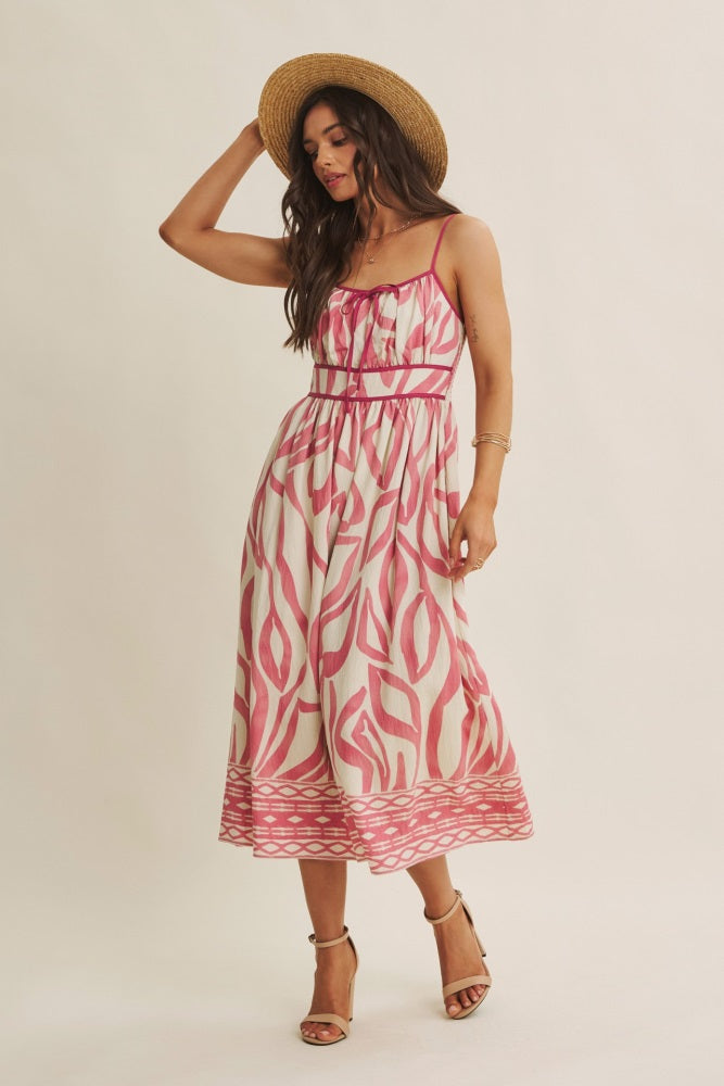 Rosafarbenes Umstands-Midikleid mit Print und Bindedetail vorn