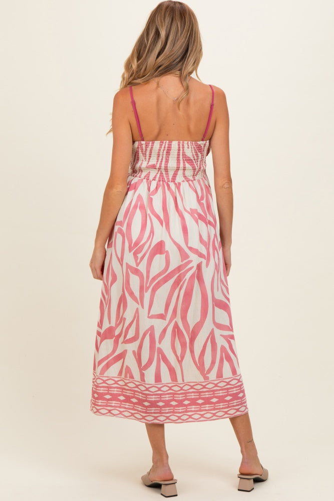 Rosafarbenes Umstands-Midikleid mit Print und Bindedetail vorn