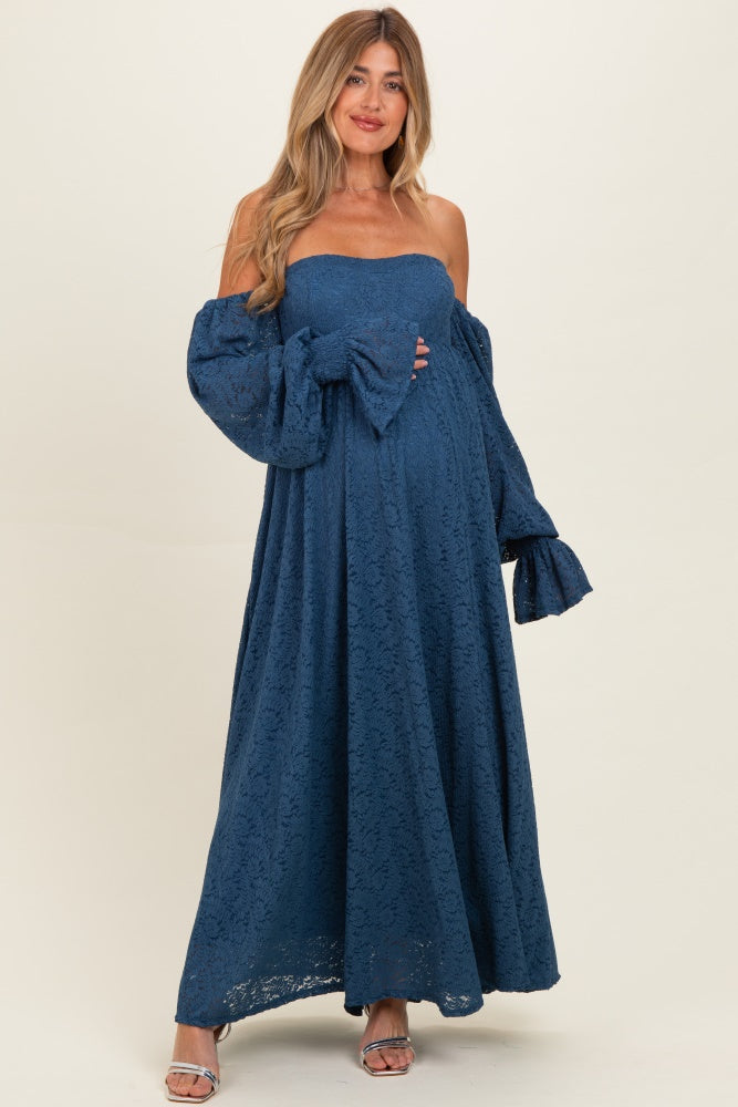 Blaues Umstands-Fotoshooting-Kleid aus Spitze mit Blumenmuster und langen Ärmeln