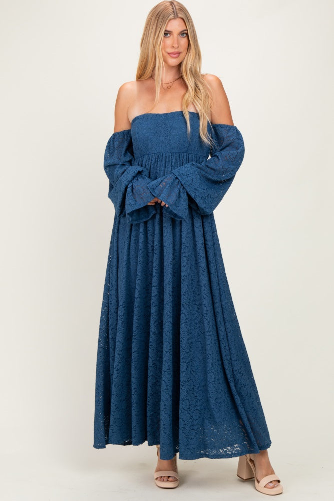 Blaues Umstands-Fotoshooting-Kleid aus Spitze mit Blumenmuster und langen Ärmeln