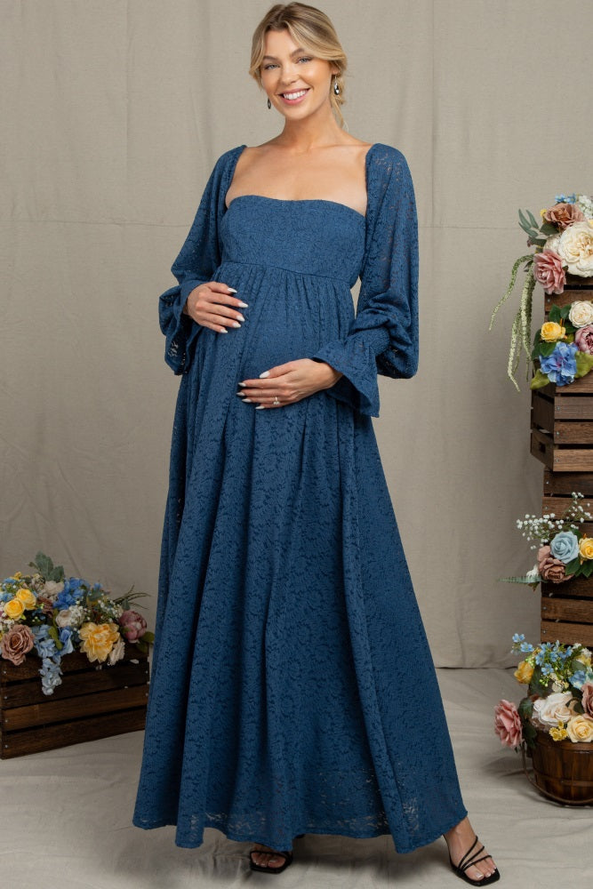 Blaues Umstands-Fotoshooting-Kleid aus Spitze mit Blumenmuster und langen Ärmeln