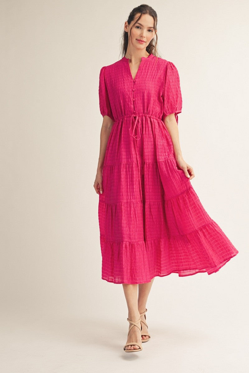 Fuchsiafarbenes gestuftes Umstands-Midikleid mit Tunnelzug in der Taille