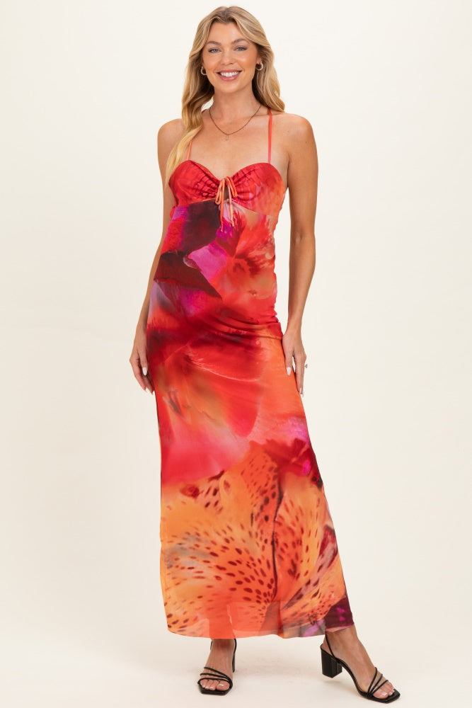 Umstands-Maxikleid in Rosa mit Print und Kreuzband am Rücken