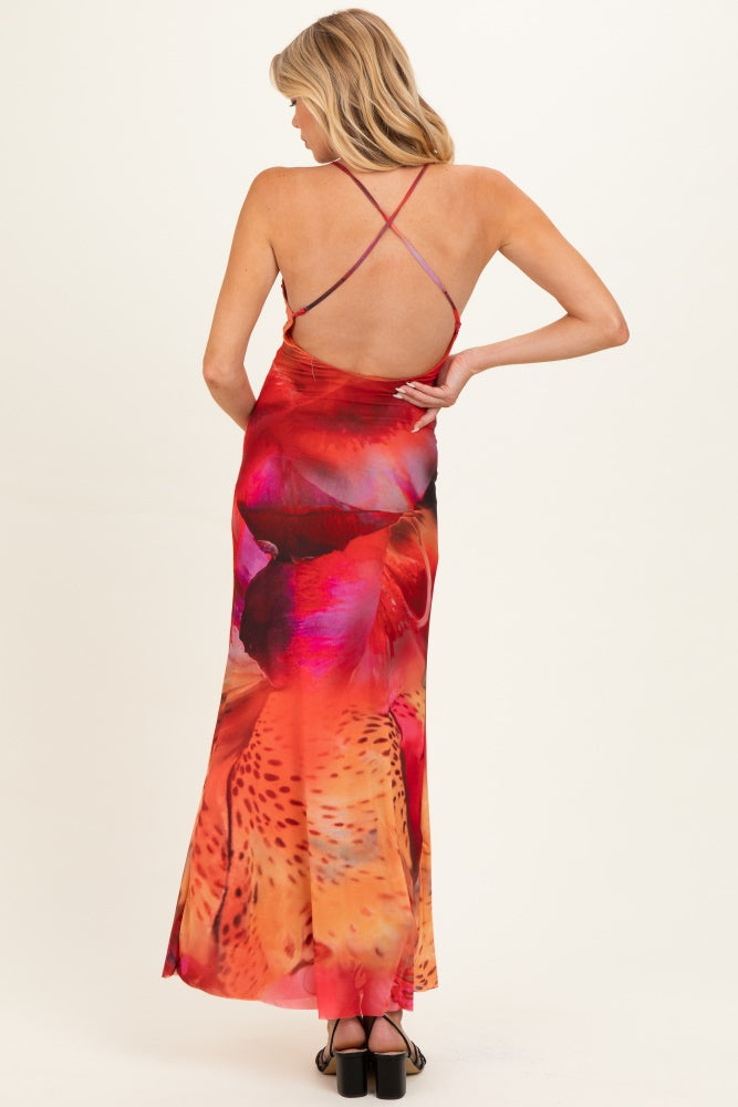 Umstands-Maxikleid in Rosa mit Print und Kreuzband am Rücken