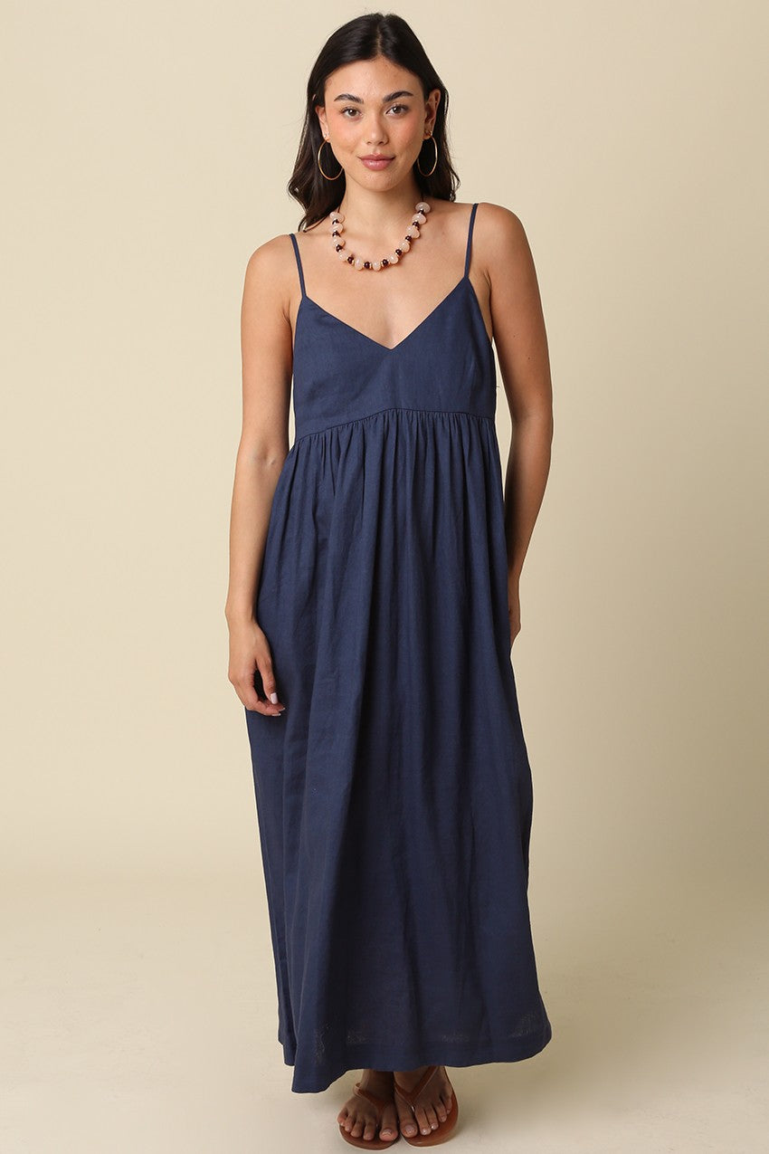 Ärmelloses Umstands-Maxikleid aus Leinenmischung in Marineblau