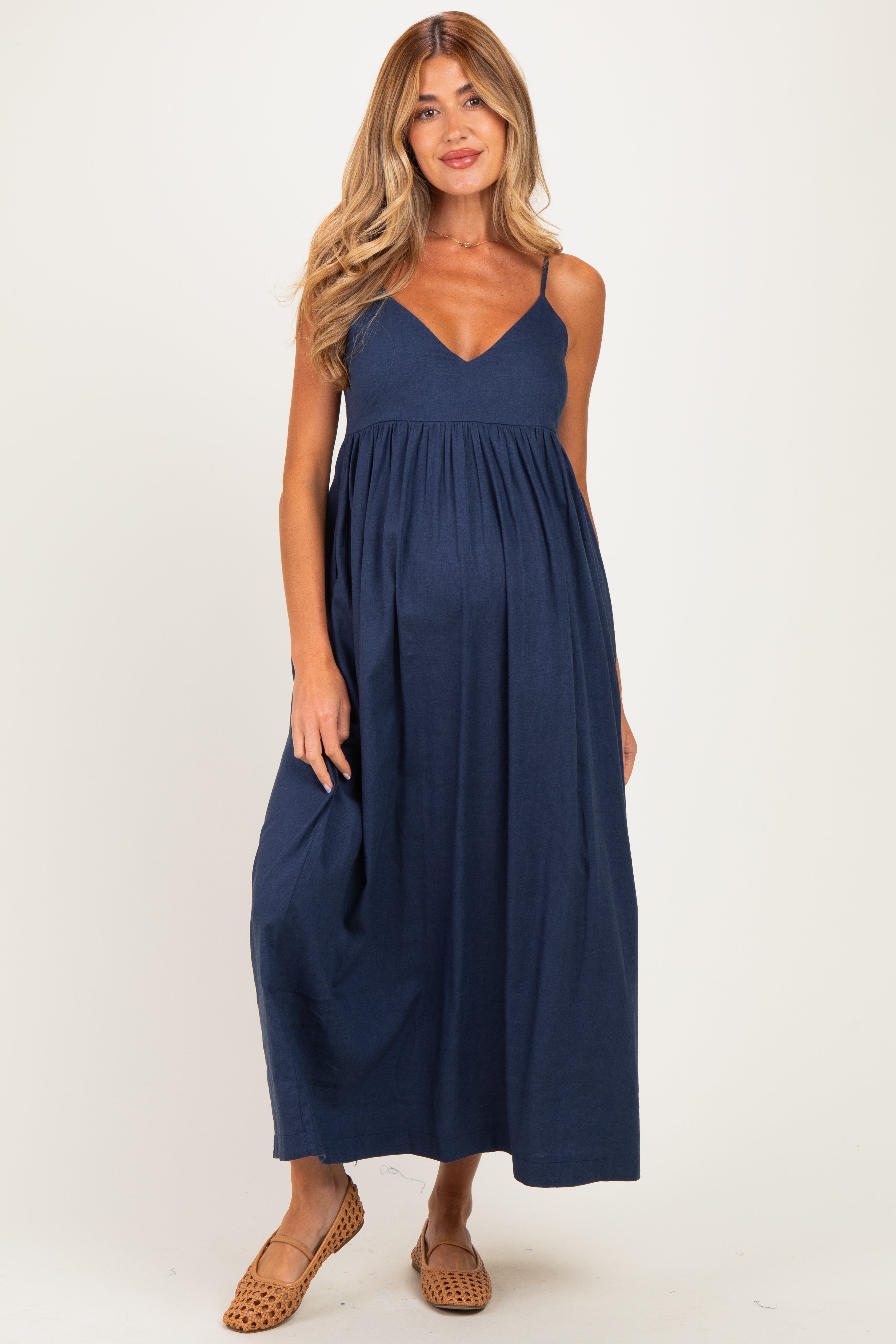 Ärmelloses Umstands-Maxikleid aus Leinenmischung in Marineblau