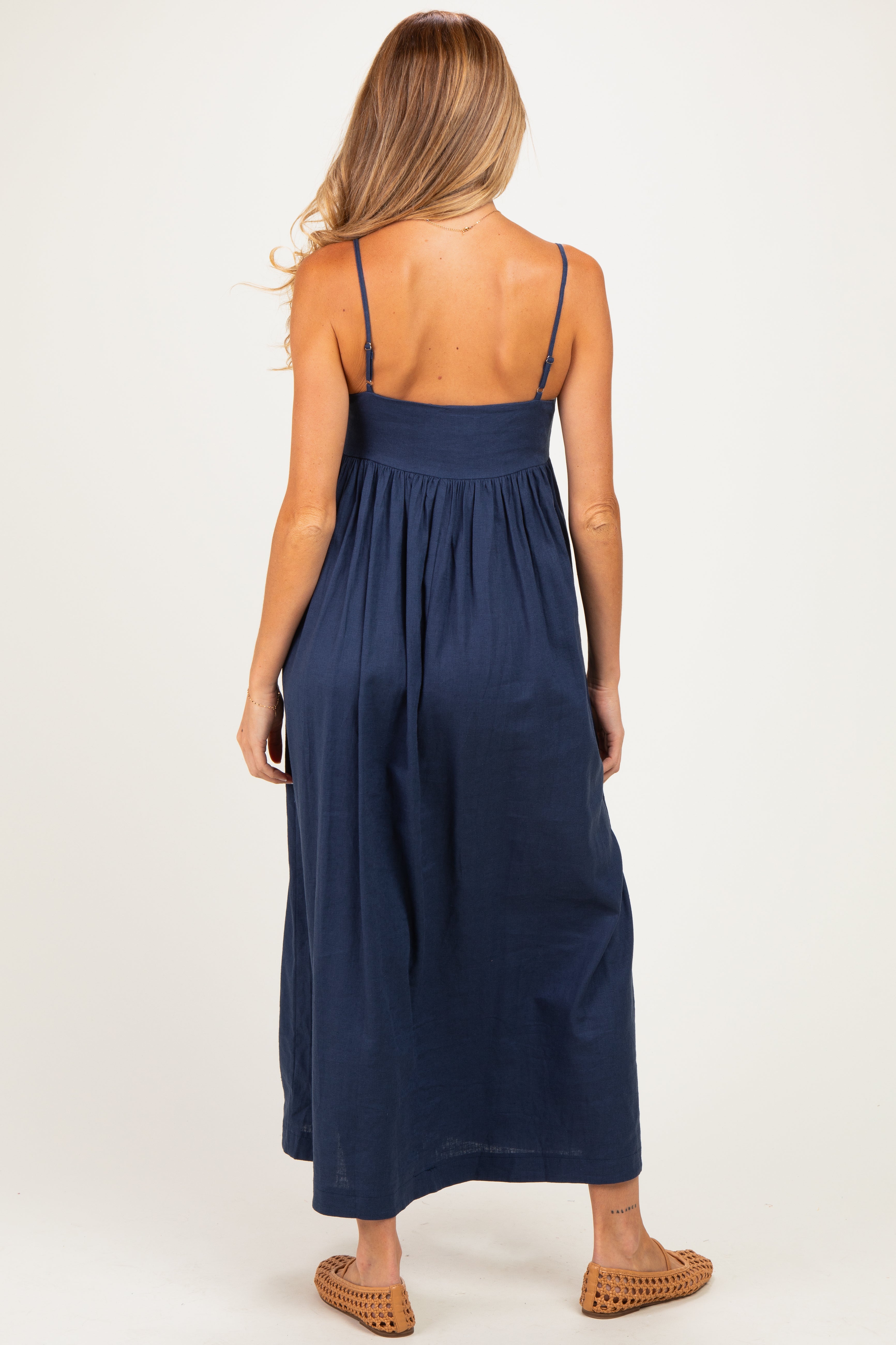 Ärmelloses Umstands-Maxikleid aus Leinenmischung in Marineblau