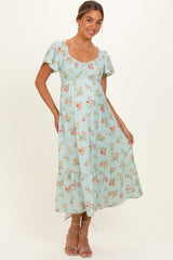 Umstands-Midikleid mit Blumenmuster, Flatterärmeln und Smok-Design