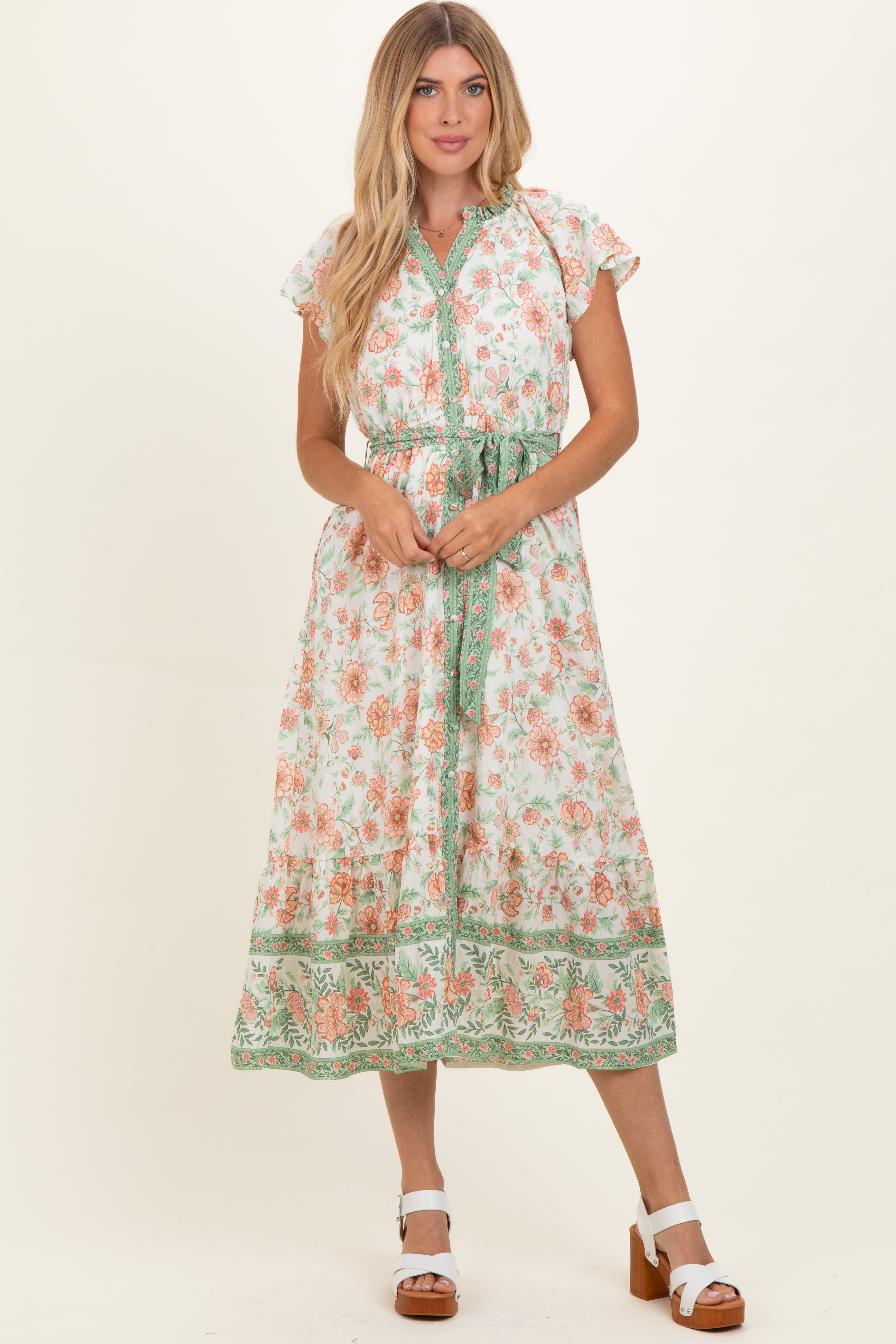 Umstands-Hemdblusenkleid in Oliv mit kontrastierendem Blumenmuster