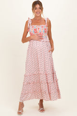 Gesmoktes Umstands-Midikleid in Rosa-Pfirsich mit Blumenprint
