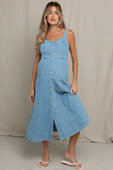 Geblümtes Umstands-Midikleid mit Knopfleiste in hellem Denim