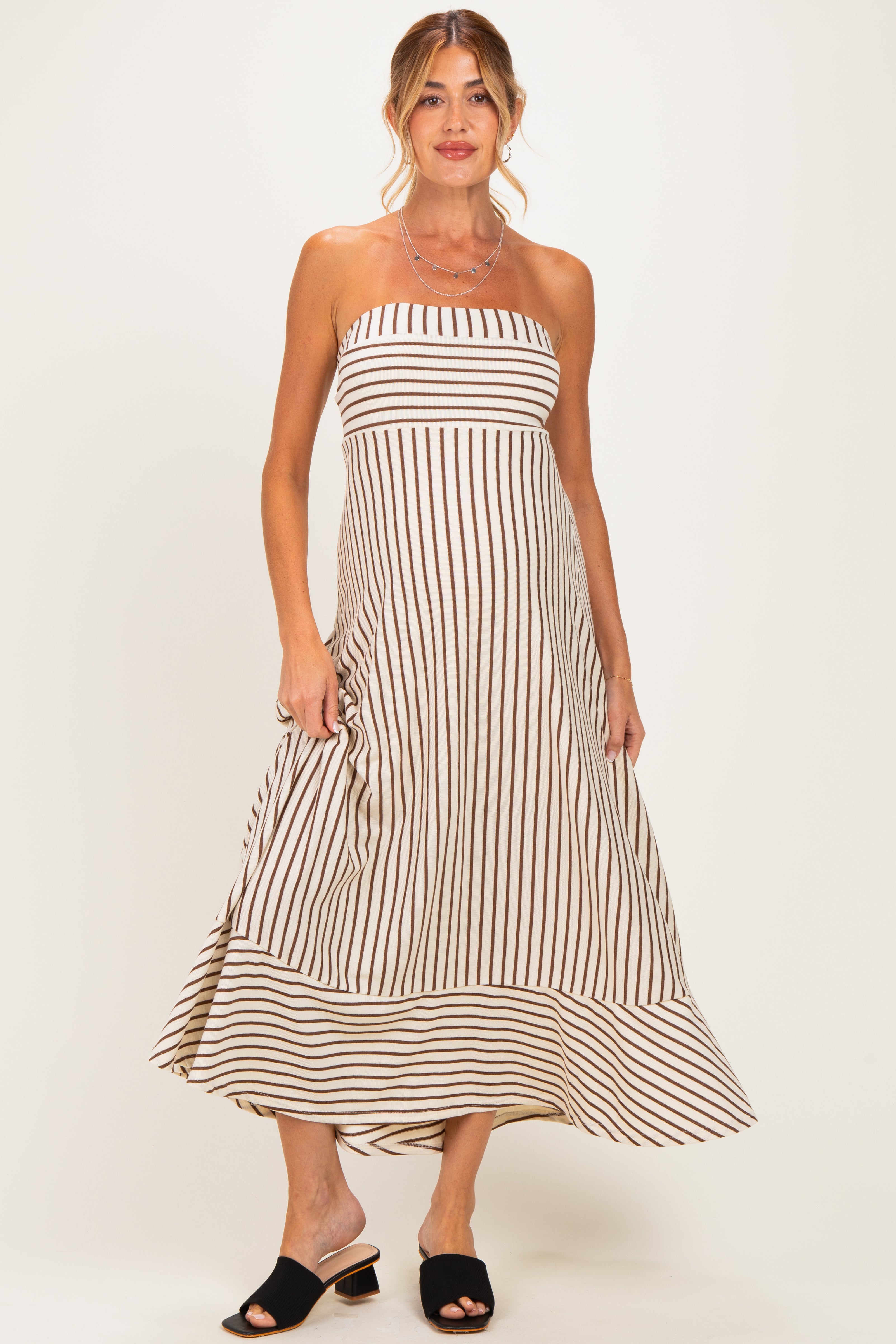 Trägerloses Umstands-Maxikleid in A-Linie mit Streifen