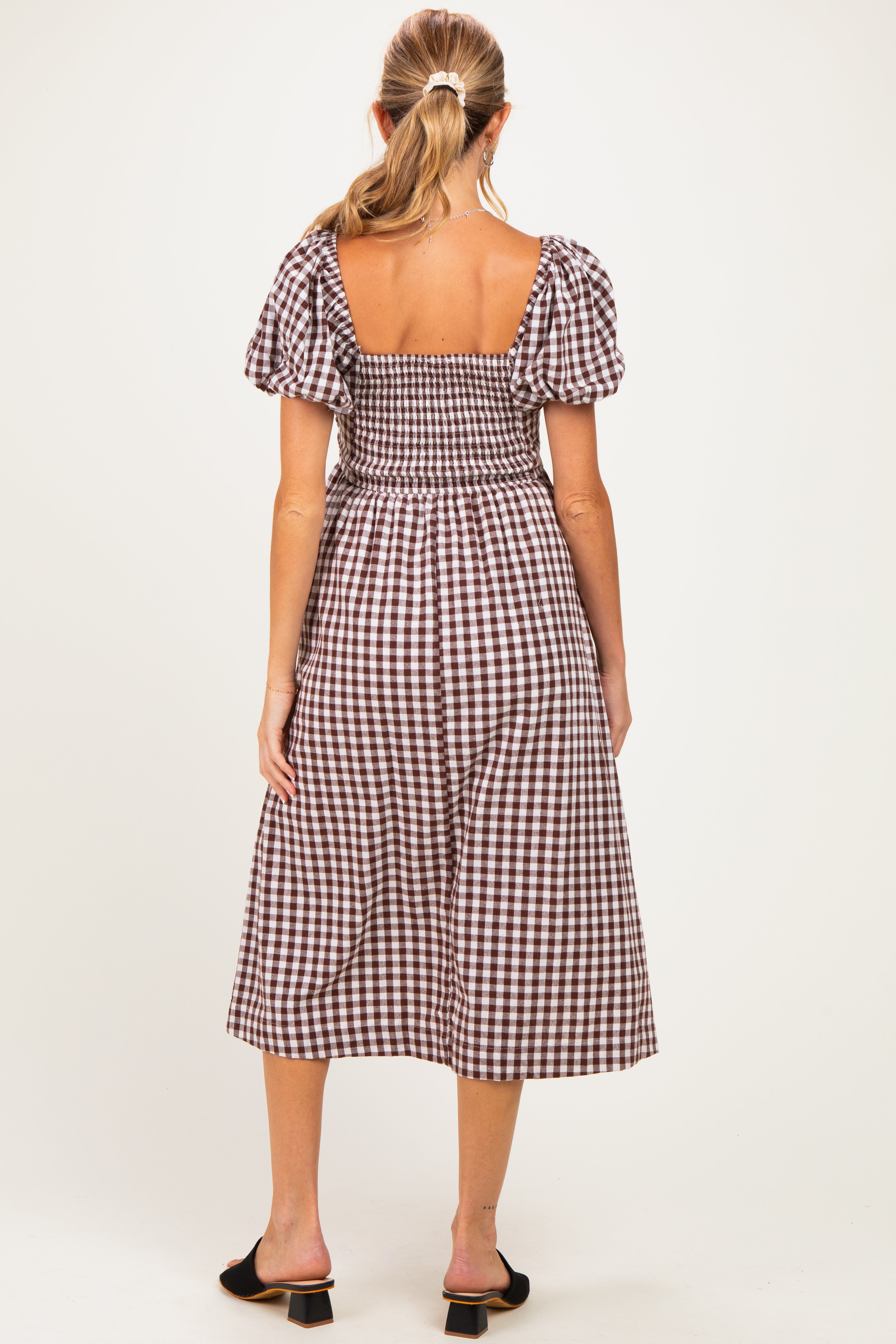 Umstands-Midikleid mit Vichy-Karo, Spitzenbesatz und Puffärmeln