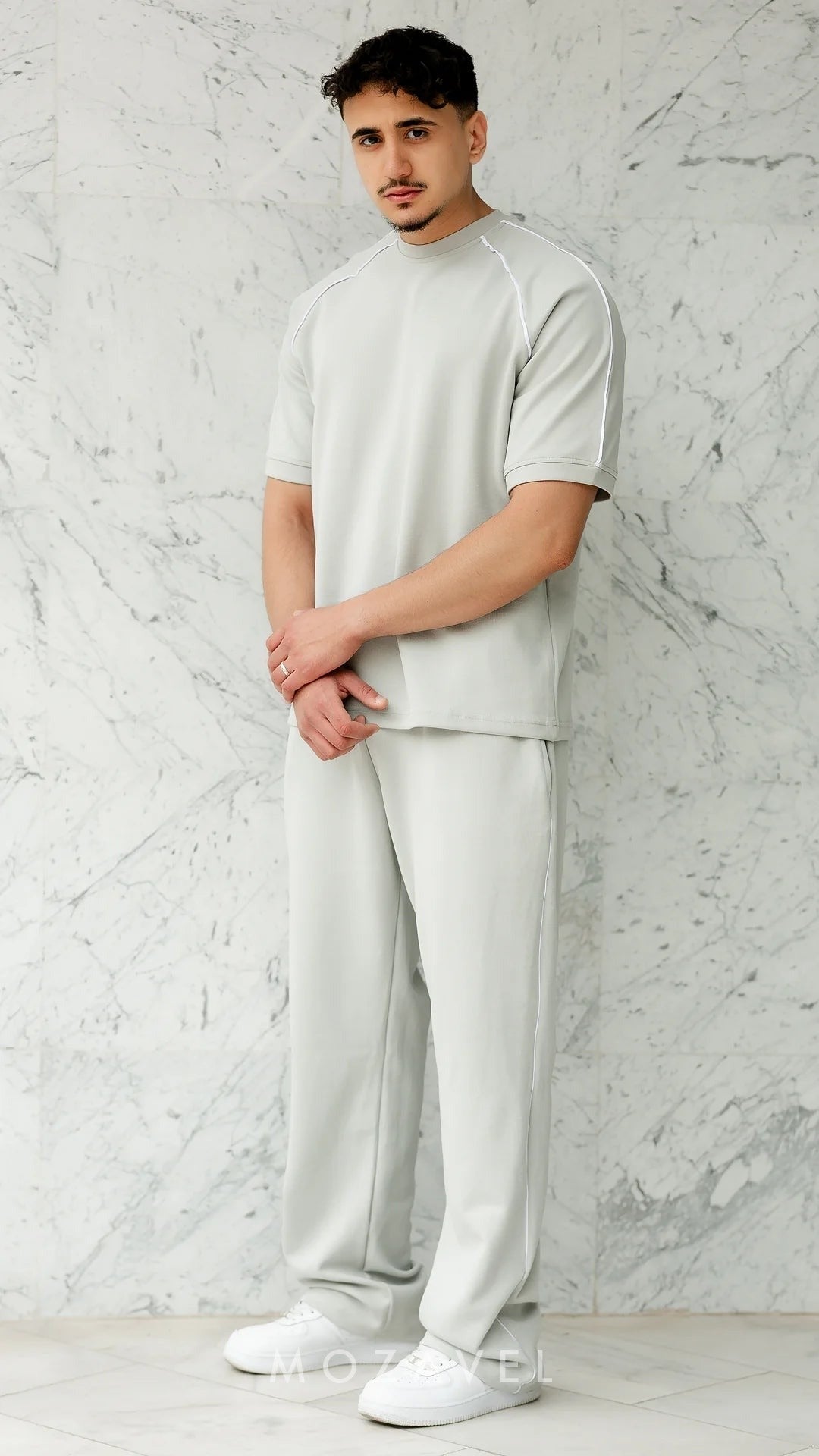 Herren Set „Nova“ – T-Shirt & Hose mit Paspel Hellgrau