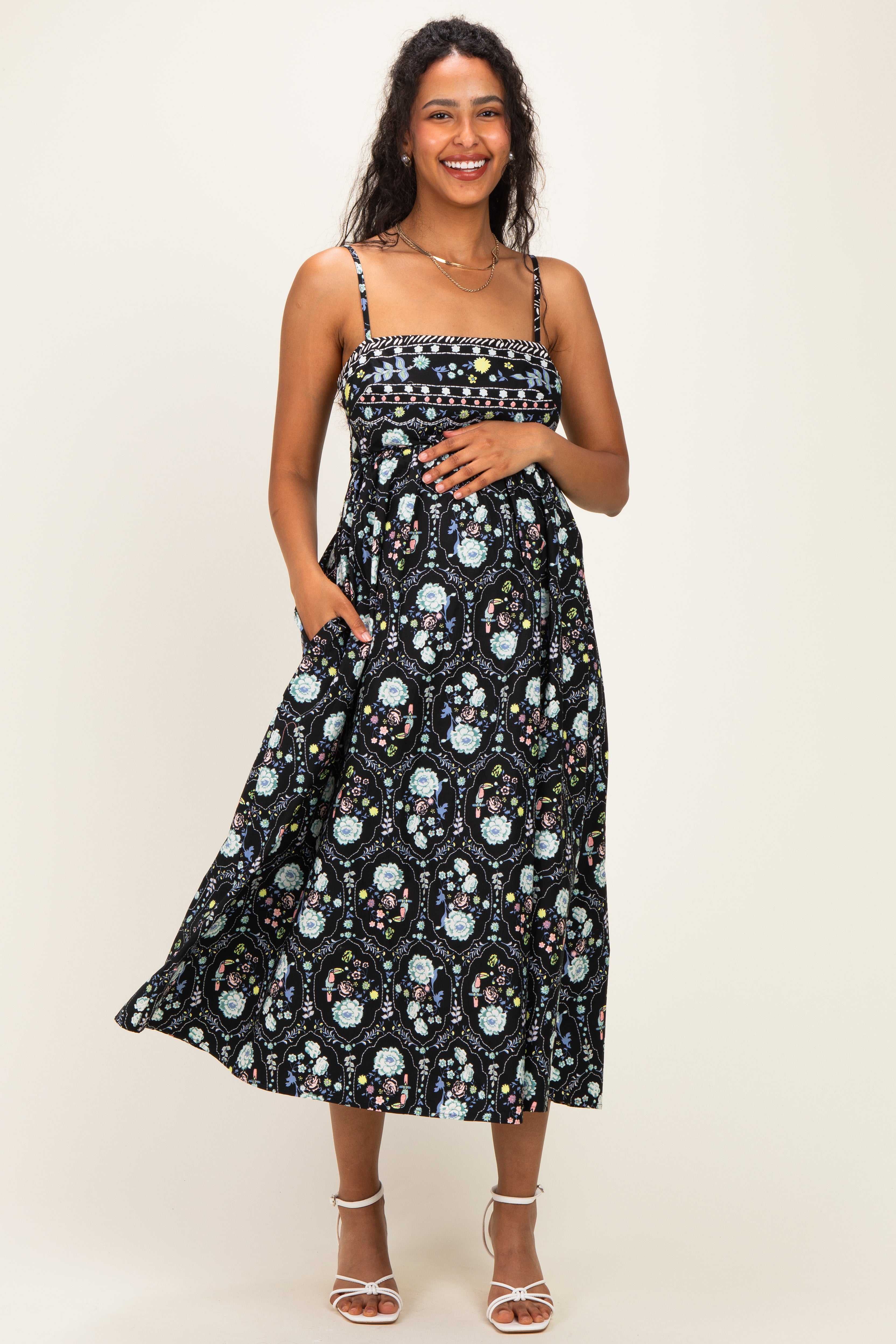 Ärmelloses Umstands-Midikleid mit Blumenmuster
