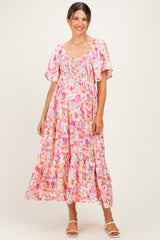 Umstandsmaxikleid mit Herzausschnitt, Flügelärmeln und Blumendruck