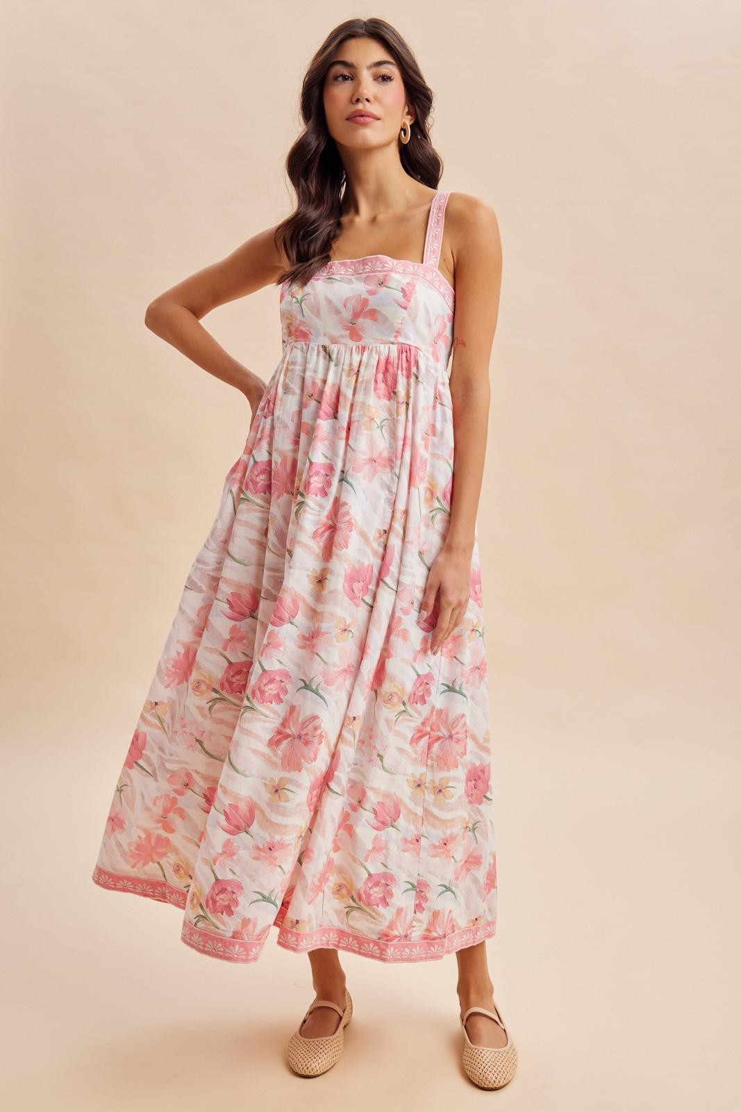 Umstands-Maxikleid in Korallenrosa mit Blumenstickerei