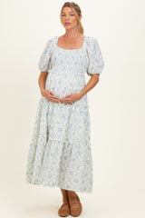 Umstands-Maxikleid mit Blumenmuster, Puffärmeln und Volant-Stufen