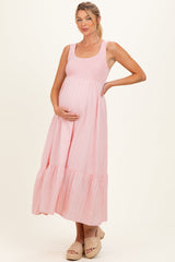 Ärmelloses Umstands-Maxikleid in Rosa mit Smok-Detail und Streifen