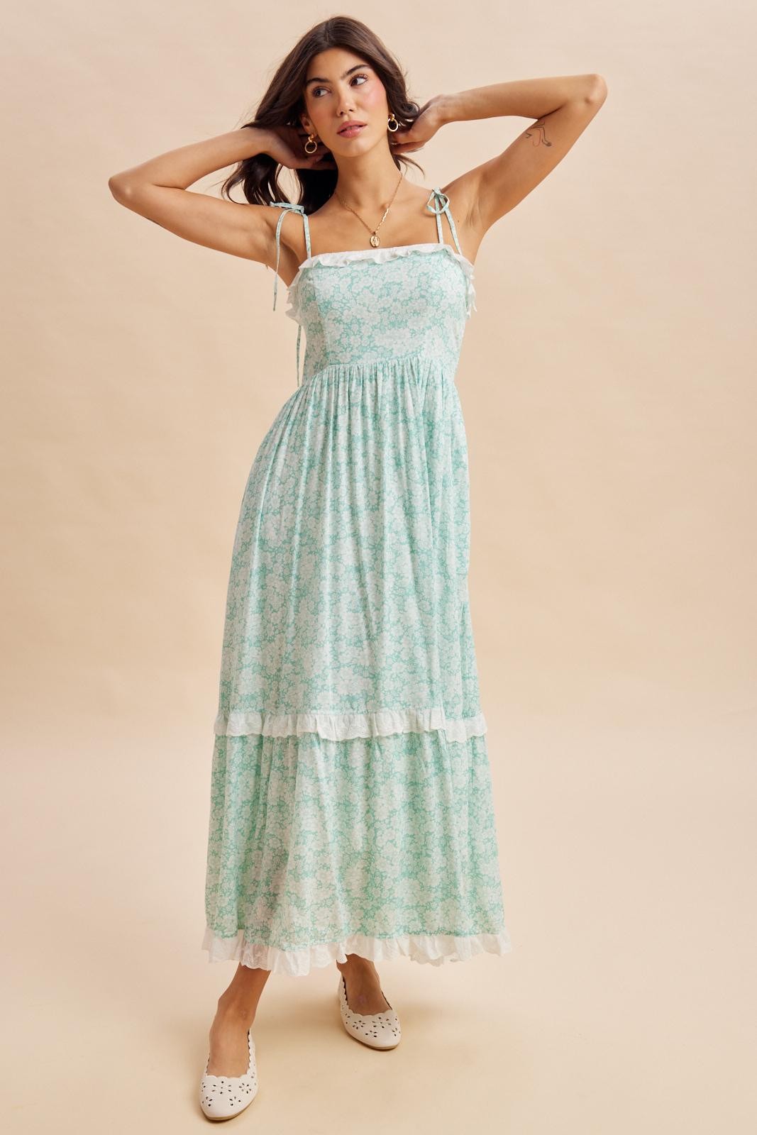 Umstands-Maxikleid mit Blumenmuster, Schulterbändern und Volantdetail