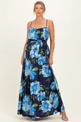 Geblümtes Umstands-Maxikleid mit Taillenband in Marineblau