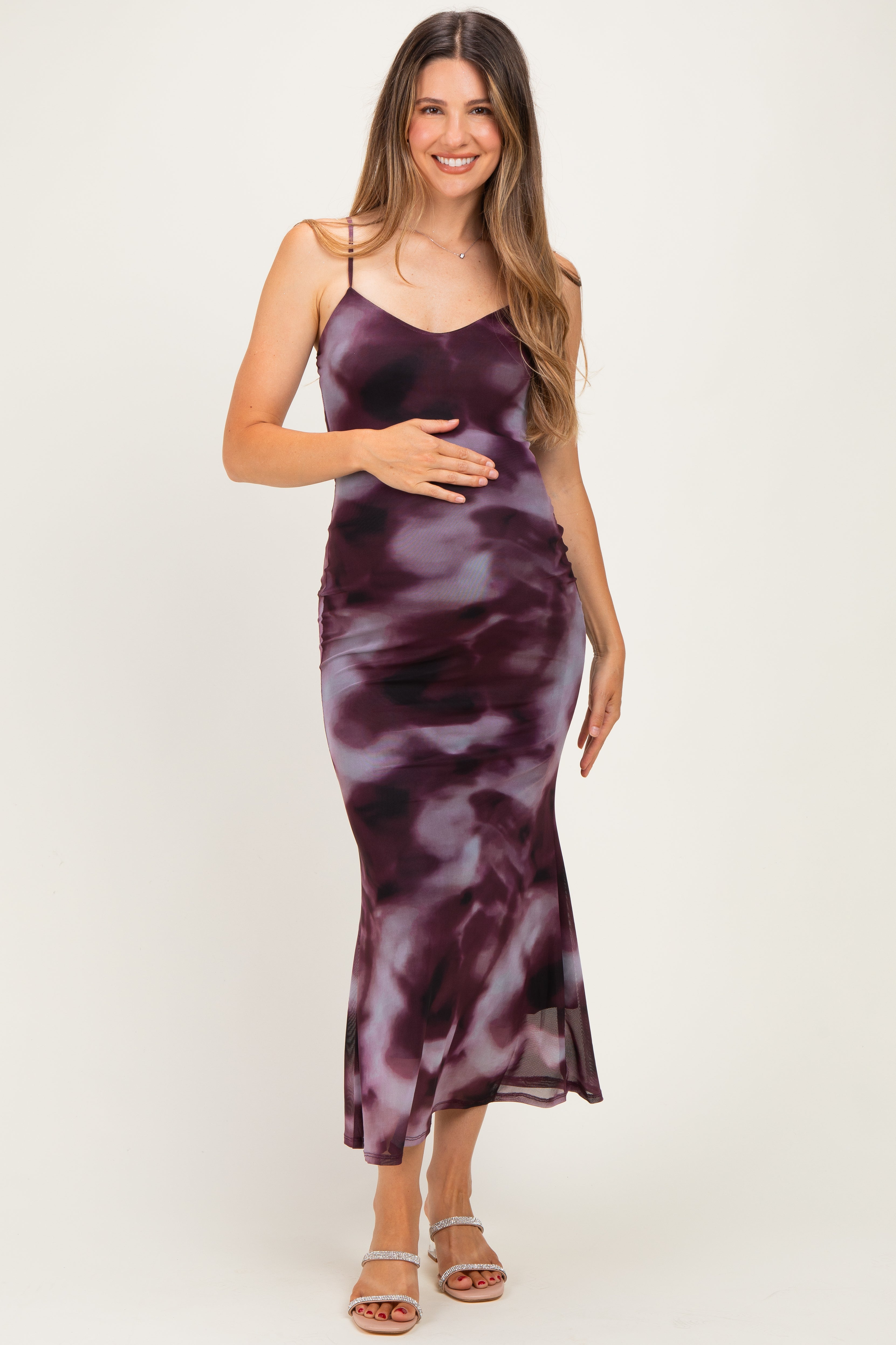 Umstands-Maxikleid in Batik-Optik mit Mesh und Seitenschlitz