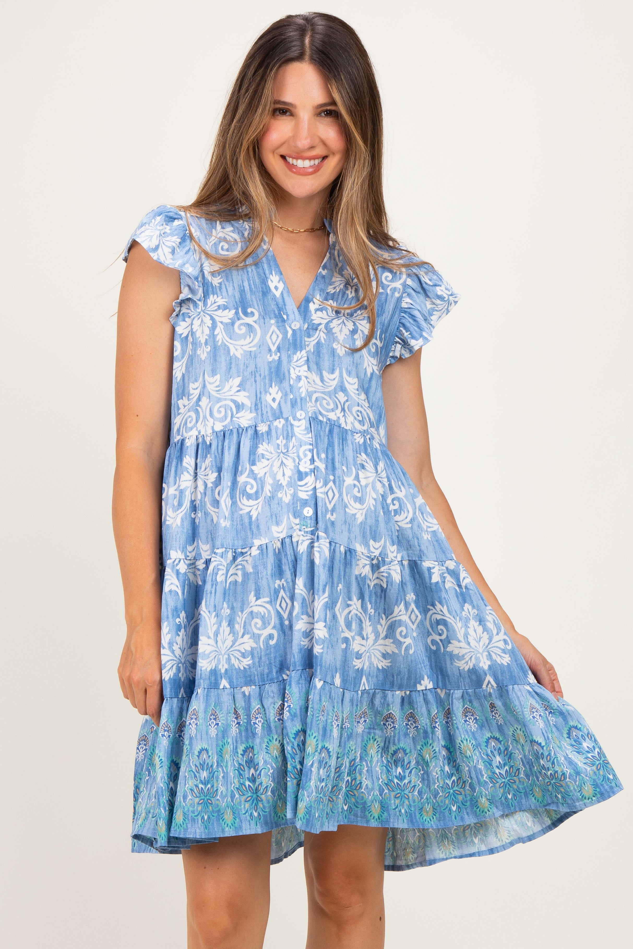 Umstands-Minikleid mit V-Ausschnitt, Flügelärmeln, Bordürendruck und Stufenrock