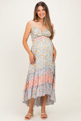Florales Umstands-Midikleid im Colourblock mit Volant-Stufen