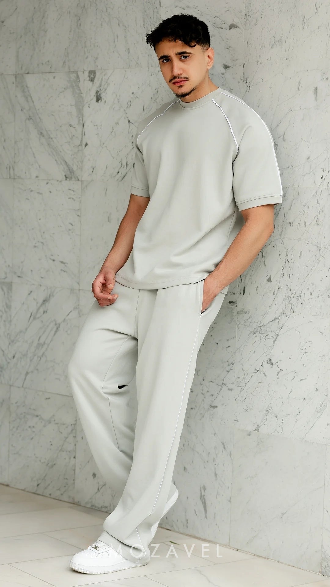 Herren Set „Nova“ – T-Shirt & Hose mit Paspel Hellgrau