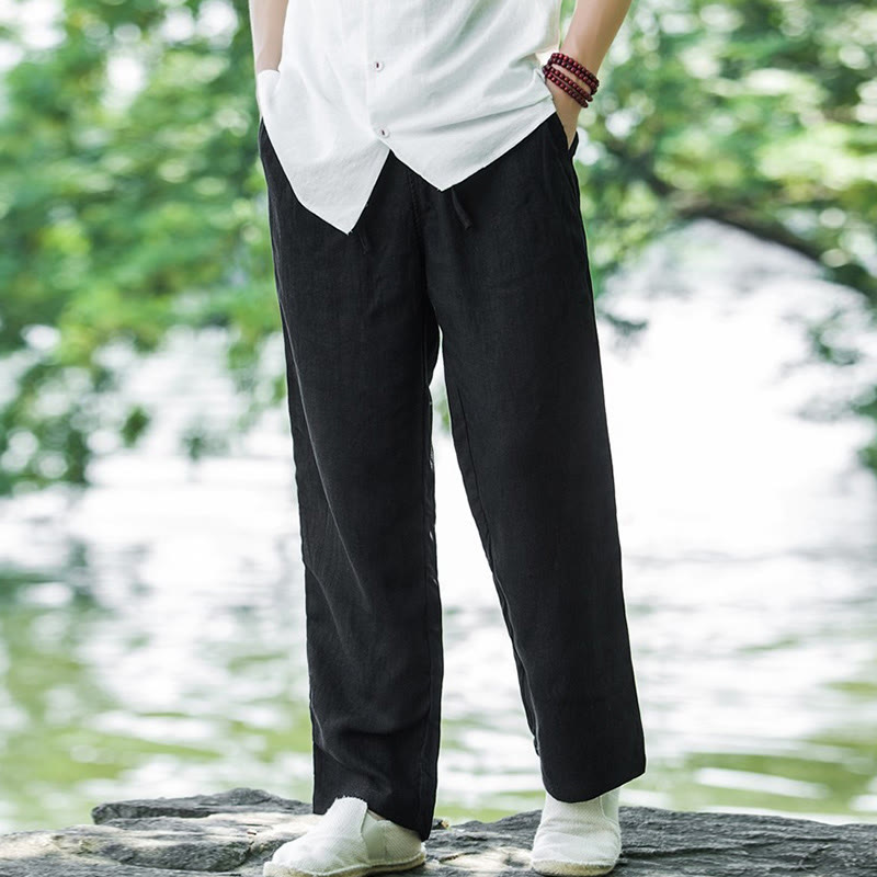 Einfarbige Herrenhose aus Baumwollleinen mit weitem Bein und Taschen