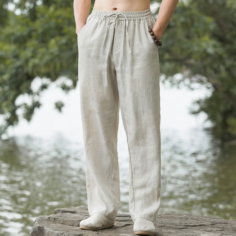 Einfarbige Herrenhose aus Baumwollleinen mit weitem Bein und Taschen