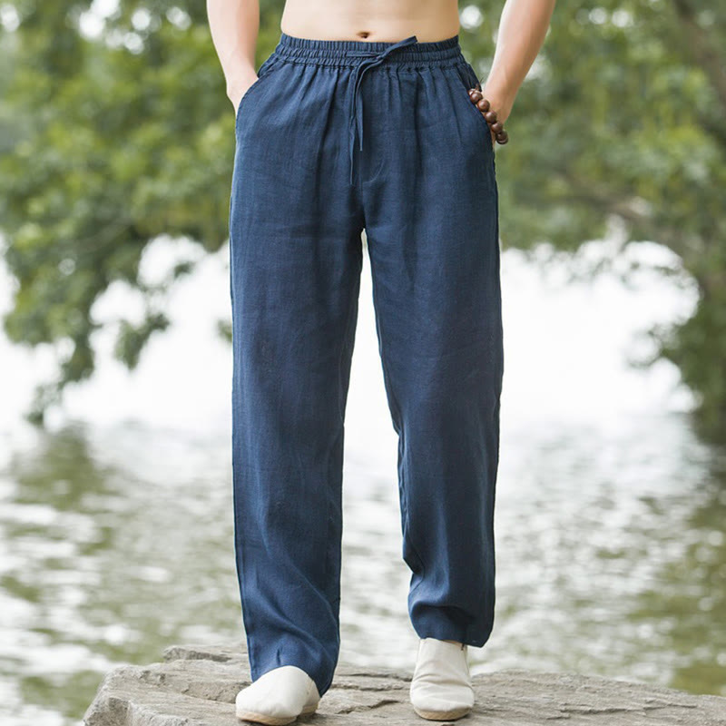 Einfarbige Herrenhose aus Baumwollleinen mit weitem Bein und Taschen