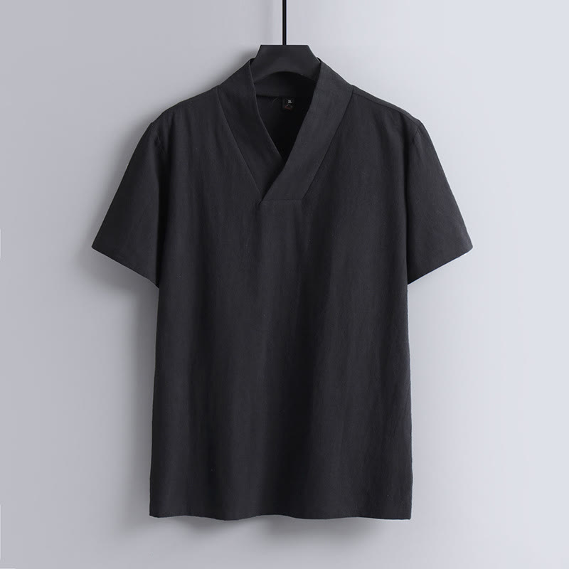 Herren-T-Shirt, locker geschnitten, einfarbig, Kurzarm, V-Ausschnitt, atmungsaktives Baumwoll-Leinen-Hemd