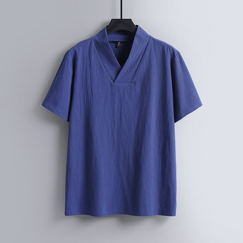 Herren-T-Shirt, locker geschnitten, einfarbig, Kurzarm, V-Ausschnitt, atmungsaktives Baumwoll-Leinen-Hemd