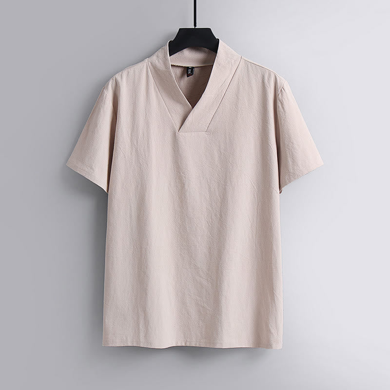 Herren-T-Shirt, locker geschnitten, einfarbig, Kurzarm, V-Ausschnitt, atmungsaktives Baumwoll-Leinen-Hemd