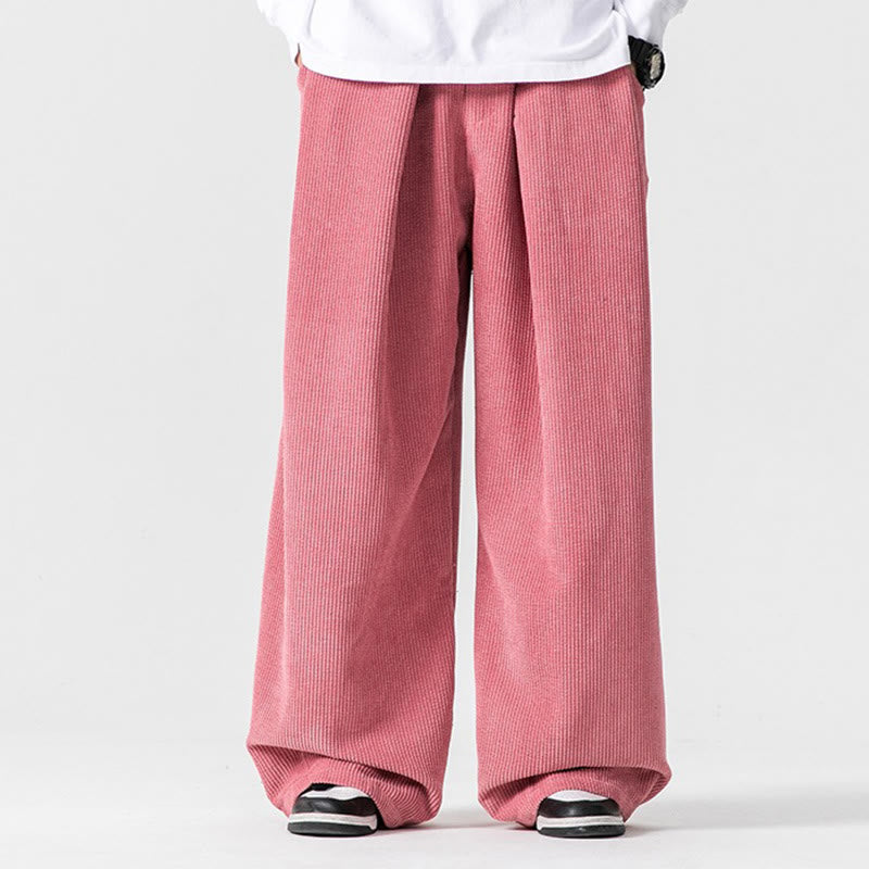 Einfarbige Herrenhose aus Baumwollcord mit weitem Bein und Taschen