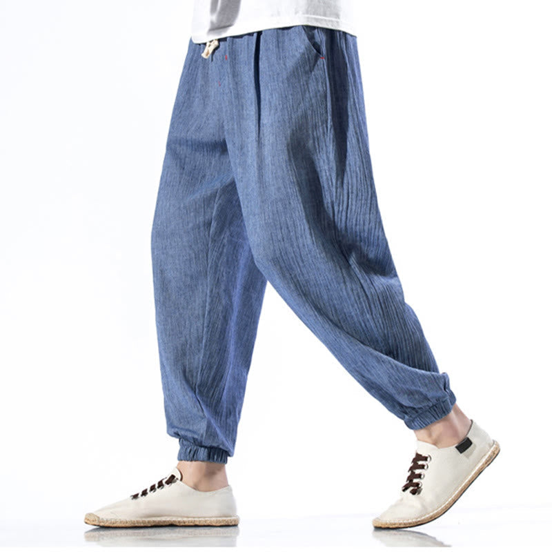 Lässige, einfarbige Herrenhose aus Leinen mit Kordelzug und Taschen