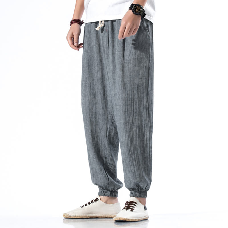 Lässige, einfarbige Herrenhose aus Leinen mit Kordelzug und Taschen